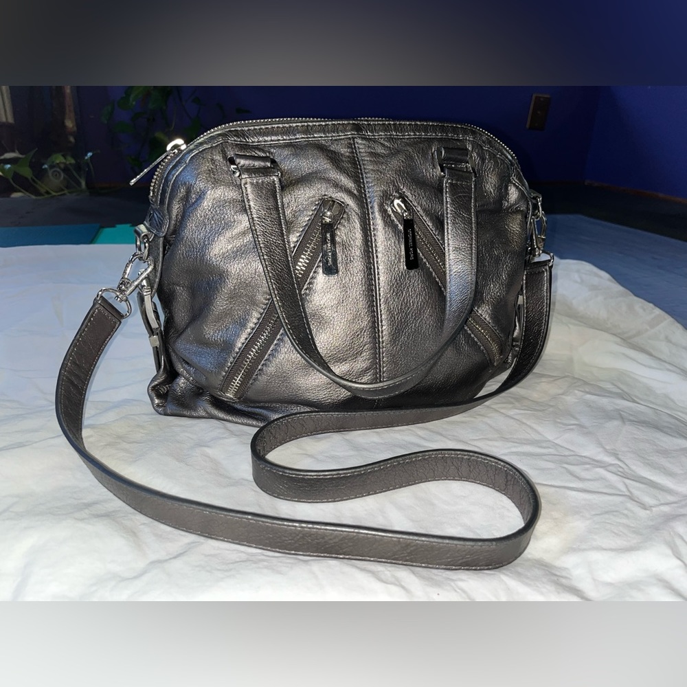 Michael Kors Metallic Silver Leather Crossbody Messenger Bag Purse